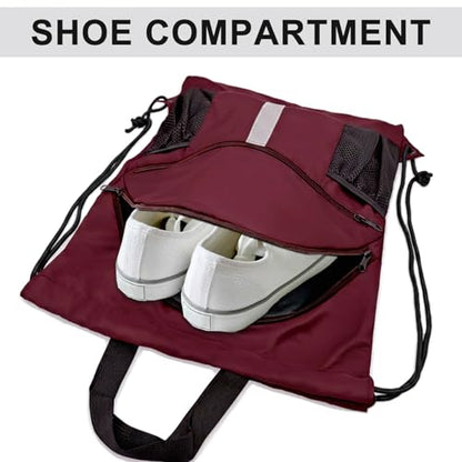 Drawstring Backpack with Shoes Bag Waterproof String Beach Bag for Sports Gym Swim（Red） - color: Red