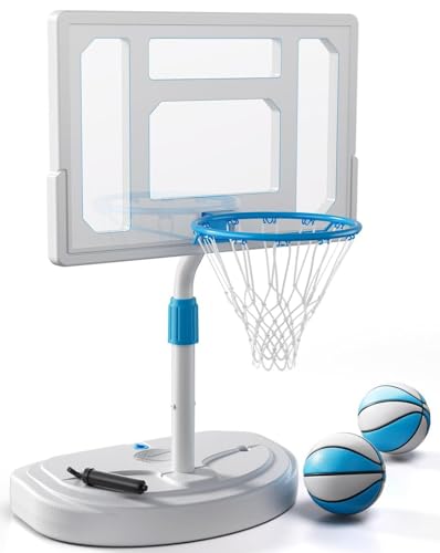 Pool Basketball Hoop, Adjustable Swimming Pool Basketball Goal, Stainless Steel Poolside Hoop with 32" Shatterproof Backboard, Portable Poolside Basketball, 2 Balls & Pump Included