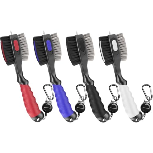 THIODOON 2 Pack Golf Club Brushes and Groove Cleaner 2 ft Retractable Zipline Carabiner Golf Brush Head with Retractable Spike Comfortable Grip Golf Club Cleaner - color: 4pcs Black & White& Red & Blue
