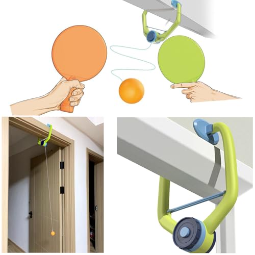 Hanging Table Tennis Trainer with Doorway Clip Ping Pong Paddles Rackets and 6 Balls Table Tennis Training Set No Table Game for Kids Indoor Sports Door Frames Attachement Hit Shot Practice