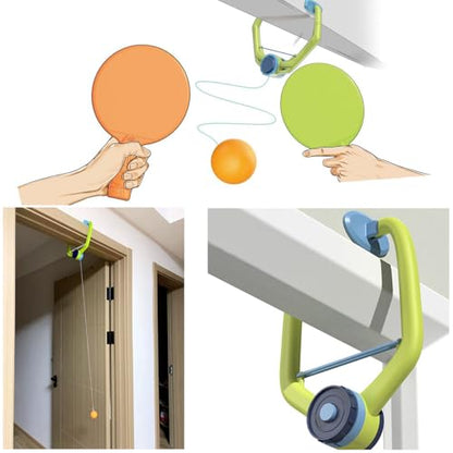Hanging Table Tennis Trainer with Doorway Clip Ping Pong Paddles Rackets and 6 Balls Table Tennis Training Set No Table Game for Kids Indoor Sports Door Frames Attachement Hit Shot Practice