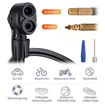 Bike Pump, Mini Bicycle Pump Portable Bike Floor Pump with Presta and Schrader Valves Aluminum Alloy Floor Bicycle Air Pump Compact Mini Bike Tire Pump, Extra Valve and Gas Needle for All Bike