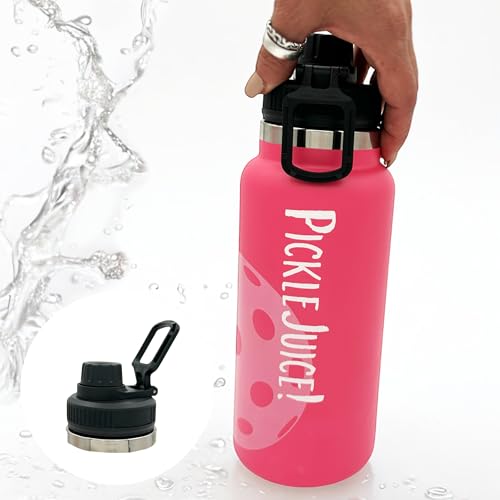 Maui Pickleball Co.™ Pickleball Water Bottle 32oz Insulated Stainless Steel Water Bottle PickleBall Accessories Pickleball Gifts SWIG Lid with Carry Handle - color: Hibiscus Pink Swig