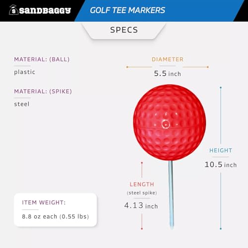 Sandbaggy Plastic Tee Markers for Golf Course (UV Resistant) - Steel Spike - Safety Caps Included - color: Red