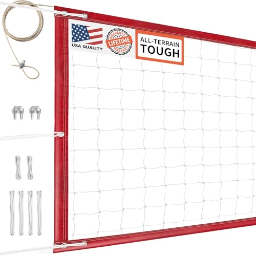 Professional Volleyball Net Heavy Duty Outdoor, Upgraded Weather Performance with 46FT High-Tensile Steel Cable, Reinforced Borders, Ideal for Indoor/Outdoor- 32x3FT (Net Only) - color: Red