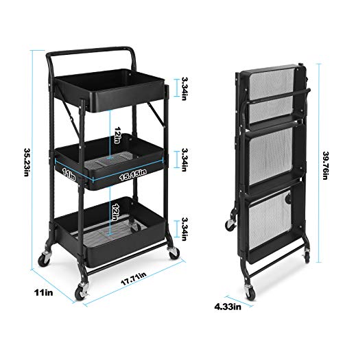Foldable 3 Tier Metal Utility Rolling Cart, Folding Mobile Multi-Function Storage Trolley Organizer Cart for Home Library Office(Black) - color: Black