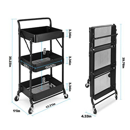 Foldable 3 Tier Metal Utility Rolling Cart, Folding Mobile Multi-Function Storage Trolley Organizer Cart for Home Library Office(Black) - color: Black