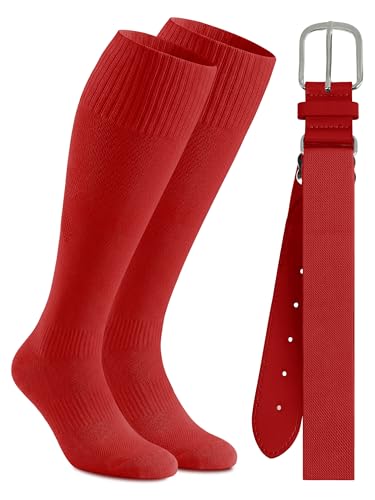 Cooraby Baseball Socks and Belt Combo Youth Boys Adjustable Softball Football Socks and Elastic Baseball Belts for Boys Girls - color: Red, size: 8-12 Years