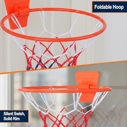 Indoor Silent Basketball Hoop, Compatible with Size 7 Basketball (No Ball Included), Foldable Adhesive Wall-Mount No-Drill Hoop for Bedroom, Office & Home, Space-Saving Design