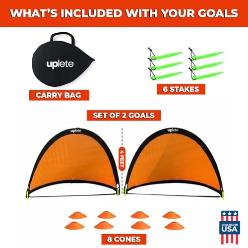 4ft Pop-Up Portable Soccer Goals - Set of 2 Training Goals for Kids & Adults with Carrying Case, 8 Agility Cones - Lightweight, Quick-Setup Practice Net for Backyard Park