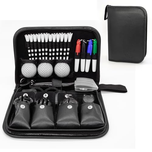 Golf Accessories for Men and Women, Golf Gifts for Him with Leather Case, Golf Brush, Golf Balls, Golf Tees, Golf Ball Clamp, Golf Divot, Golf Ball Line Marker Tool,Golf Ball Marking Stencils