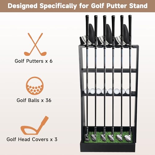 Golf Putter Stand, Golf Club Holder for 36 Balls Tray Storage & 6 Clubs & 3 Head Covers, Display Rack Organizer for Home Indoor Outdoor Office