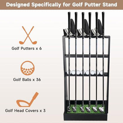 Golf Putter Stand, Golf Club Holder for 36 Balls Tray Storage & 6 Clubs & 3 Head Covers, Display Rack Organizer for Home Indoor Outdoor Office