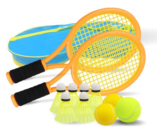 Kid Tennis Racket Set for Toddler,Children,Sponge Handle, includes 6 Badminton, 1 Tennis Ball, Bag and 2 Balls - Increase Children's Sports,Improve Tennis Skills - color: Orange&Green