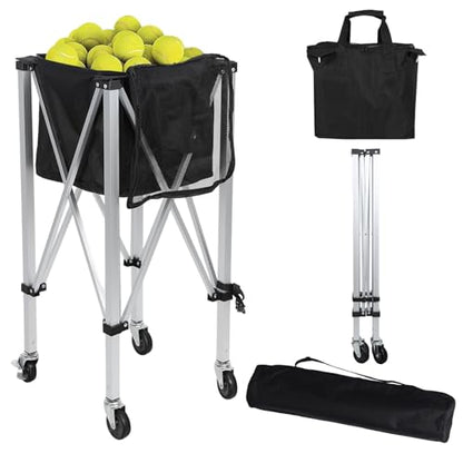 Foldable Tennis Ball Cart with Wheels & Removable Bag, Holds 160 Balls, Aluminum Portable Ball Hopper with Locking Brakes for Tennis Training, Coaching, Sports Practice
