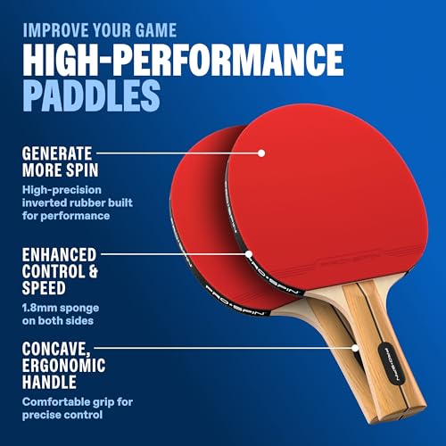 PRO-SPIN Portable Ping Pong Set with Retractable Ping Pong Net for Any Table, All-in-One Table Tennis Set with Ping Pong Paddles, Balls & Case, Table Top Family Game - color: 4-Player Set | Active Red