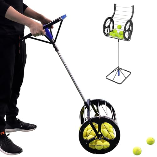 Tennis Ball Collector Roller 2-in-1 Tennis Ball Picker Upper with Handle Telescopic Tennis Ball Hopper Rolling Pickleball Caddy, 80 Tennis Balls, No Bending Over