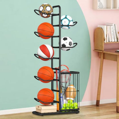 7-Ball Sports Equipment Storage Rack with Ball Holder, Ideal for Garage or Indoor Use - Organize Toys, Sports Gear and More, 57.5" (Black) - style: 7-tier with Basket