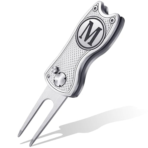 Golf Divot Repair Tool with Letter Custom Monogrammed Initial Ball Marker Divot Tool New Year Golf Gifts Foldable Metal with Magnetic Putt Alignment for Men Father Golfer - color: Silver, style: Letter M