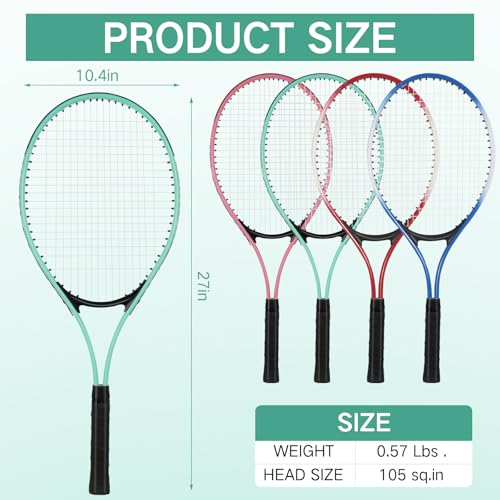4 Pcs Tennis Rackets for Adult Recreational 4 Players 27" Tennis Racquet Lightweight Tennis Racket with 3 Tennis Balls for Training Beginners with Overgrips Carry Bag - color: Pink,Green,Blue,Red