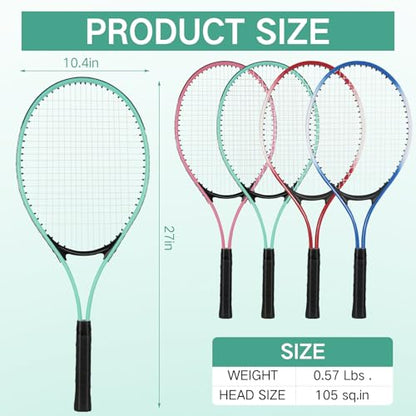 4 Pcs Tennis Rackets for Adult Recreational 4 Players 27" Tennis Racquet Lightweight Tennis Racket with 3 Tennis Balls for Training Beginners with Overgrips Carry Bag - color: Pink,Green,Blue,Red