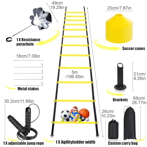 Agility Ladder,Speed Training Equipment Set,20ft Rungs Speed Ladder,Soccer Cones,Jump Rope, Running Resistance Umbrella,Basketball Equipment Football Fitness Training Equipment for Kids Youth Adults