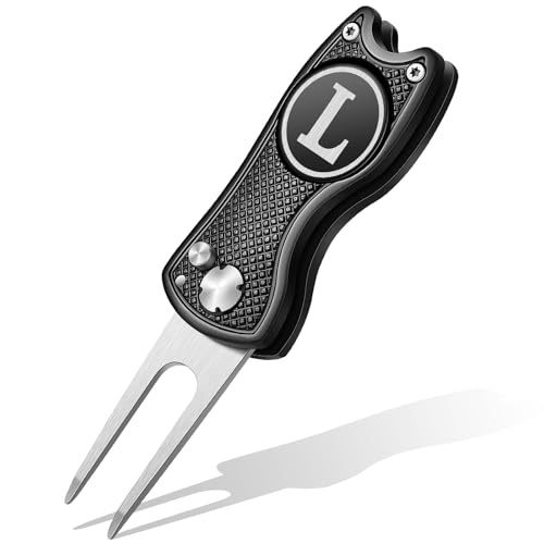 Golf Divot Repair Tool with Letter Custom Monogrammed Initial Ball Marker Divot Tool New Year Golf Gifts Foldable Metal with Magnetic Putt Alignment for Men Father Golfer - color: Black, style: Letter L