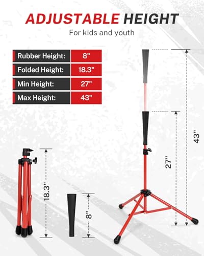 Gonex Baseball Tee Softball Tee Practice Hitting Batting Tripod Stand Rubber Tee Collapsible Portable with Carrying Bag - color: Red