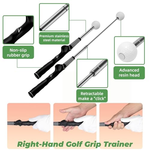 Retractable Golf Swing Trainer with Wrist Support Brace, Golf Grip Trainer & Swing Aid for Right Hand, Adjustable Golf Training Equipment for Strength & Tempo Training, Indoor Outdoor Practice