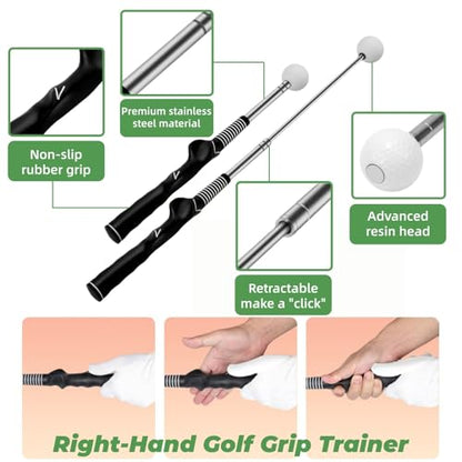Retractable Golf Swing Trainer with Wrist Support Brace, Golf Grip Trainer & Swing Aid for Right Hand, Adjustable Golf Training Equipment for Strength & Tempo Training, Indoor Outdoor Practice
