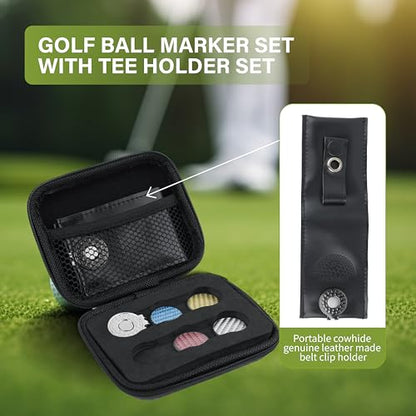 SANDIAN [Full Set], Golf Ball Markers Carbon Fiber T800 Set with Genuine Black Leather Belt Clip Tee Holder Pouch, Magnetic Hat Clips, Storage Case [Black Leather]