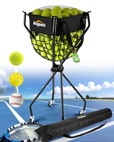 Angooni Upgraded Tennis Ball Hopper for 150 Balls, Tennis Cart with Wheels & Storage Bag, Lightweight Foldable Pickleball Cart, Ideal Gift for Training, Teaching & Family Play