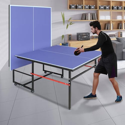 8FT Outdoor Ping Pong Table, Foldable & Portable Table Tennis Set with Net, 2 Paddles & 3 Balls, Game Table with Single Player Playback Mode - color: Blue