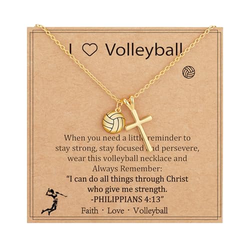 Gnamy Softball/Volleyball/Basketball/Soccer Necklace for Teen Girls Women, Gold/Silver Cross Pendant Sport Accessories Christian Religious Jewelry Gifts for Teens Kids Lovers - color: Gold, style: Volleyball