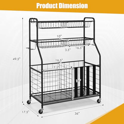 GYMAX Garage Sports Equipment Organizer, Ball Storage with Basket, Hooks, Lockable Wheels, Rolling Toy Storage Cart for Golf Bag Bats Football Sports Gear