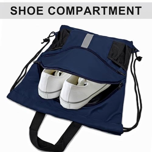 Drawstring Backpack with Shoes Bag Waterproof String Beach Bag for Sports Gym Swim（Navy） - color: Navy