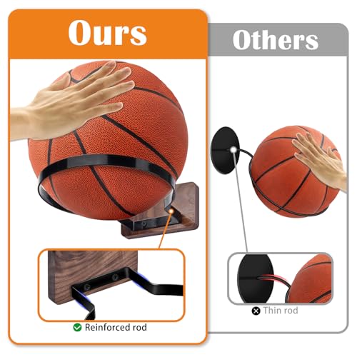 Basketball Holder Wall Mount, Black Walnut Ball Storage Wall Decorations for Basketball, Football, Soccer, Volleyball Collection, Stylish Basketball Rack Display for Home Decor