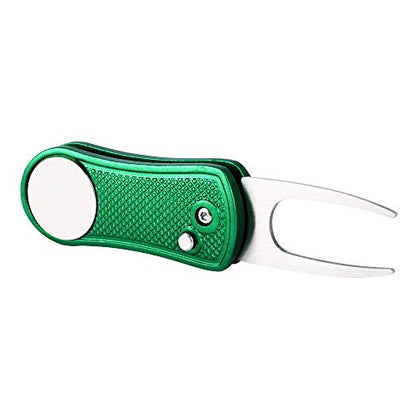 Mile High Life Golf Divot Repair Tool, All Metal Foldable Divot Tool with Pop-up Button & Magnetic Ball Marker - color: Green Undulate