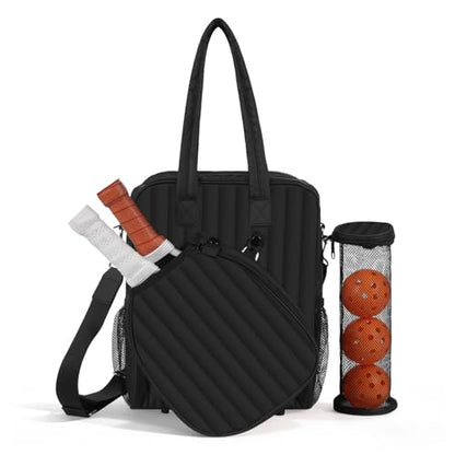Women's Pickleball Bag with Ball Bag, Waterproof Pickle Ball Bag Tote Shoulder Bag - color: Black