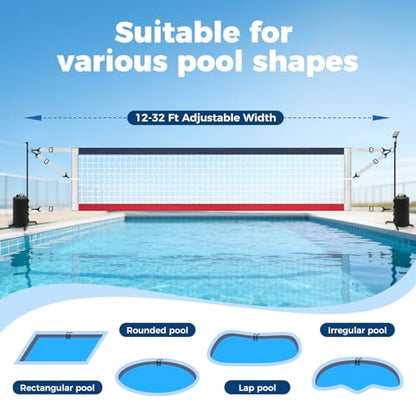 Pool Volleyball Net Set with Solar LED Lights, Adjustable 15-32ft Water Volleyball Net for Inground Pools with Glow Ball, Pump & Weighted Bases, Outdoor Pool Games for Kids Adults Family