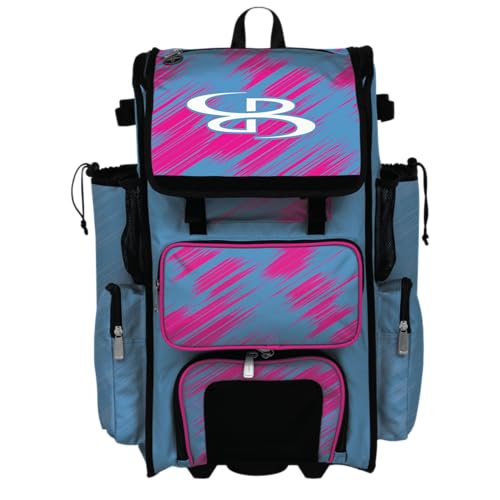 Boombah Rolling Superpack Scratch Baseball/Softball Gear Bag - 23-1/2" x 13-1/2" x 9-1/2" - Multiple Colors - Telescopic Handle and Holds 4 Bats - Wheeled Version - color: Columbia Blue/Fluorescent Pink/White