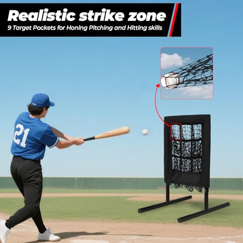 FAHKNSHeavy-Duty Pitching Net, 9 Hole Pitching Net with Strike Zone Removable Digital Targets,3 Height Adjustable Throwing Trainer for Baseball & Softball with Ball - color: black