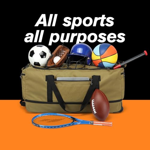 170L Extra Large Baseball Bag with Wheels Gym Duffle Softball Catchers Coach Team Equipment Bags Collapsible Rolling Travel Duffel Bat Gear Bag for Hockey Basketball Football Volleyball Soccer - color: Brown