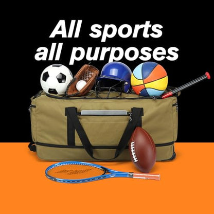 170L Extra Large Baseball Bag with Wheels Gym Duffle Softball Catchers Coach Team Equipment Bags Collapsible Rolling Travel Duffel Bat Gear Bag for Hockey Basketball Football Volleyball Soccer - color: Brown
