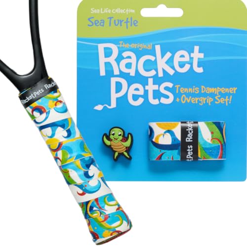 Racket Pets Kids Tennis Racket Dampener & Matching Overgrip Tape, Performance Shock Absorbing Dampener for Tennis Racket & Fun Animal Print Tennis Wrap Grip Tape - style: Sea Turtle