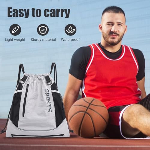 MiOYOOW Sports Drawstring Backpack, Waterproof Basketball Bag Large Gym Mesh Pockets for Outside Swimming Travel Beach