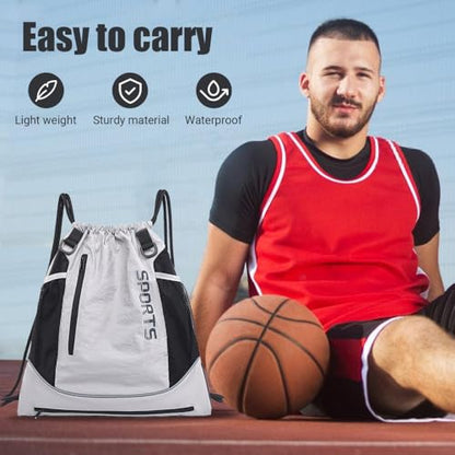 MiOYOOW Sports Drawstring Backpack, Waterproof Basketball Bag Large Gym Mesh Pockets for Outside Swimming Travel Beach