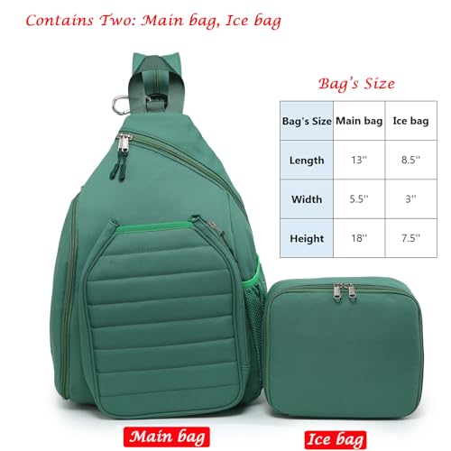 Sling Bag Crossbody Backpack for Pickleball Paddle Tennis Racketball Travel for Men and Women, with Ice Bag 2PS - color: Green