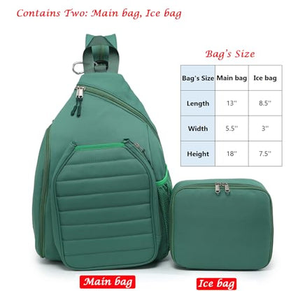 Sling Bag Crossbody Backpack for Pickleball Paddle Tennis Racketball Travel for Men and Women, with Ice Bag 2PS - color: Green