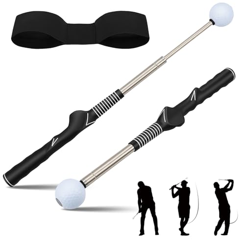 Retractable Golf Swing Training Aid - Portable Grip Trainer with Click Feedback for Right Handed Golfers, Portable Swing Tempo Trainer with Arm Band for Indoor & Outdoor Practice